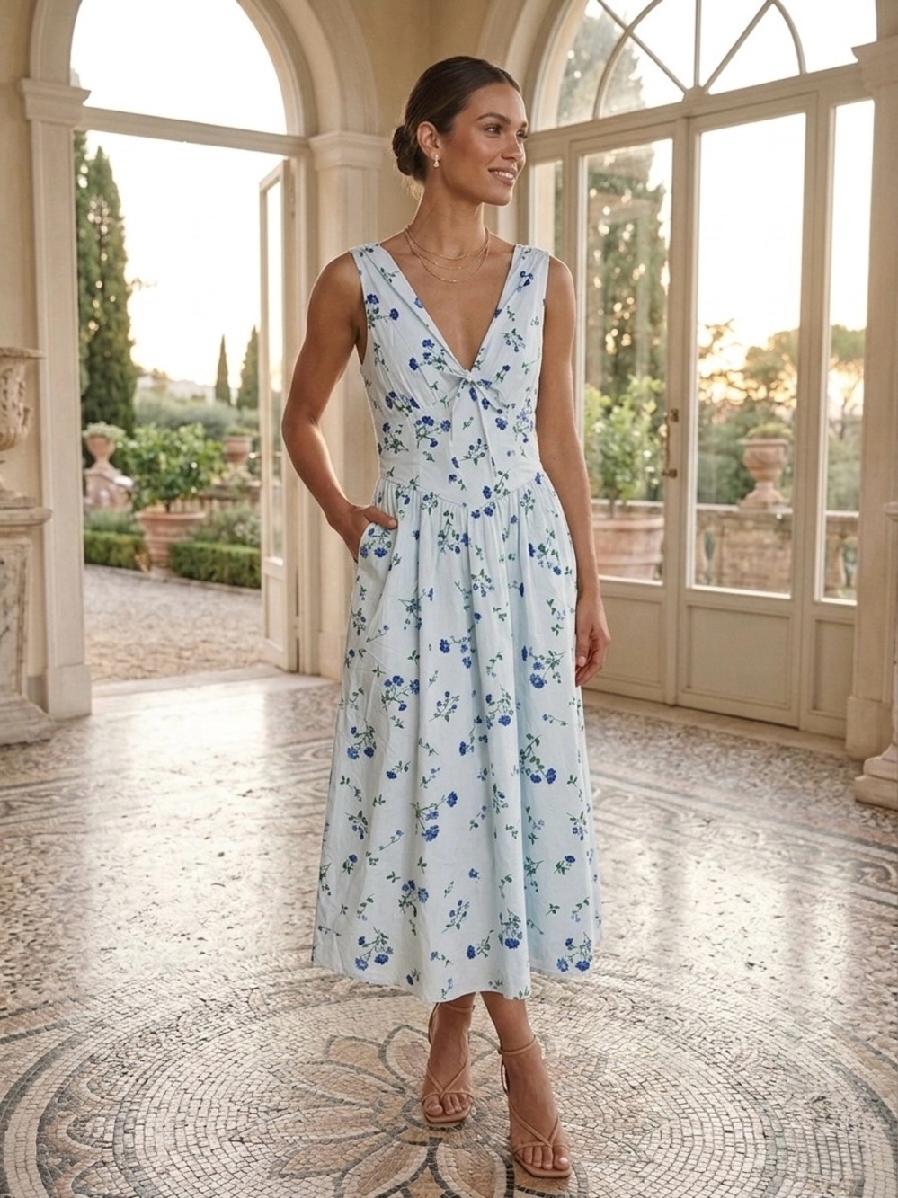 Band of the Free Blue Floral Smocked Midi Dress M